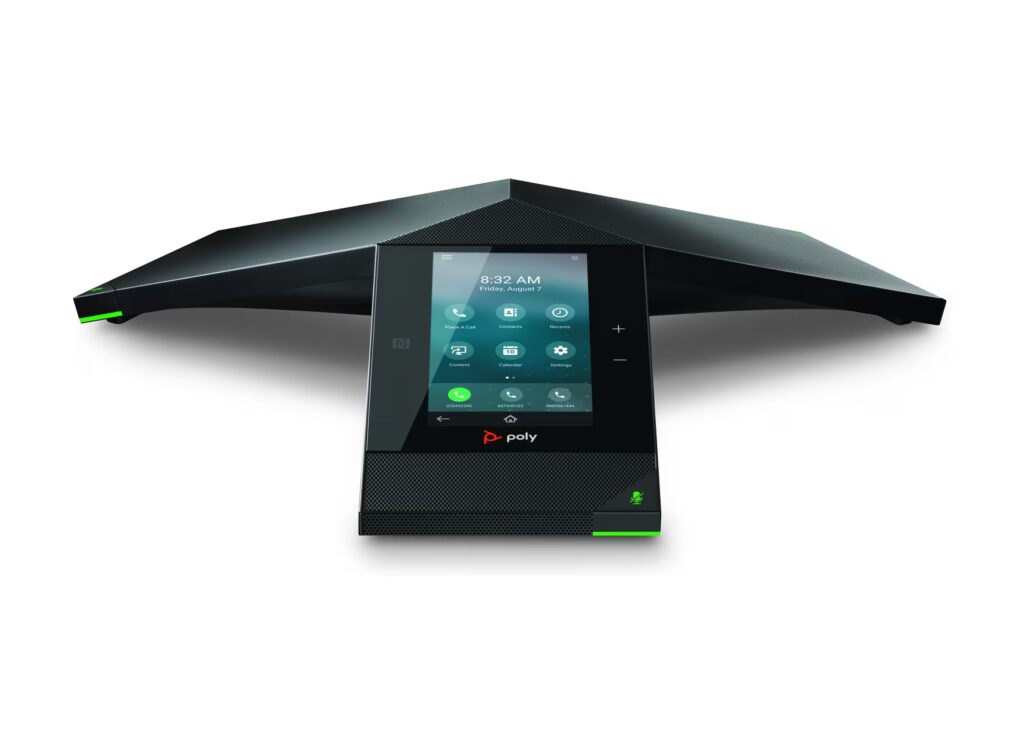 Téléphone de conférence Poly RealPresence Trio 8800 avec écran tactile couleur et microphones intégrés.