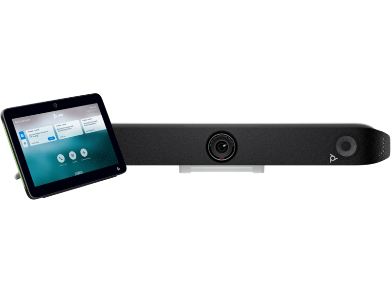 Barre de visioconférence tout-en-un Poly Studio X52 avec caméra 4K, microphones intégrés et haut-parleurs stéréo, idéale pour les salles de réunion de taille moyenne.