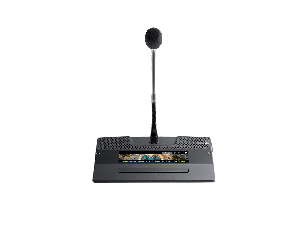 Poste de conférence Televic Confidea FLEX G4 avec écran tactile et microphone col de cygne.