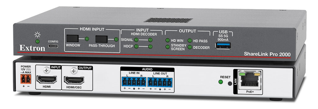Système Extron ShareLink 600 installé dans une salle de réunion pour la présentation et la collaboration sans fil.
